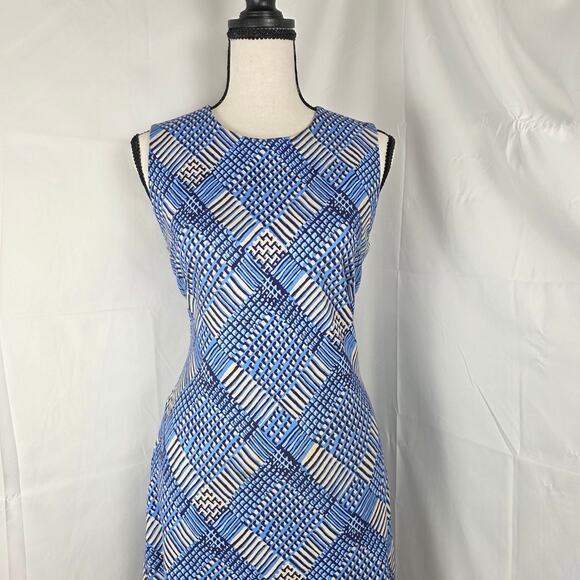 J.McLaughlin Sheath Dress Women XS Blue Geometric Sleeveless Stretch Knit Preppy - Picture 2 of 10